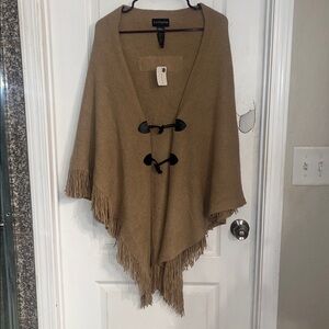 LA Express Tan Fringe Poncho Coat